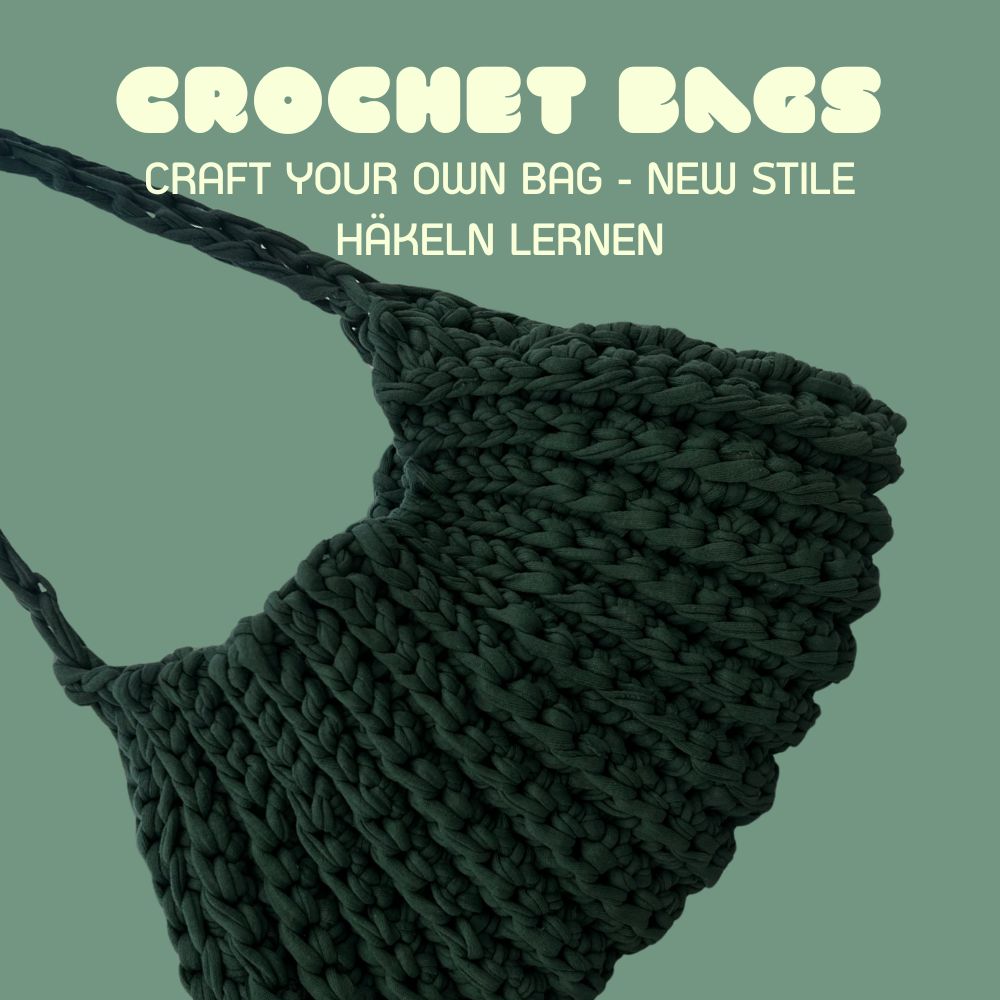 Tasche in grün aus gehäkelter Jersey Wolle beim Workshop in münchen.